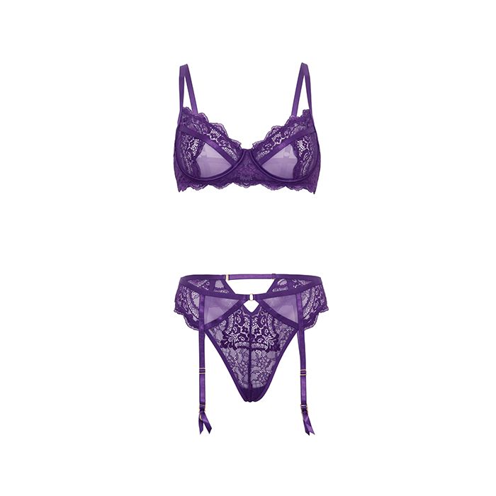 Margo Lace & Mesh Underwire Bra with Gartered Panty 2 pc Set Imperial Purple