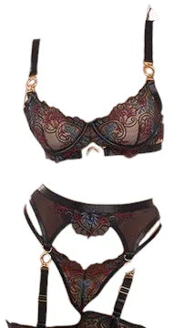 Oh La La Cheri Azalea Underwire Embroidered Bra with Garter Belt & G-String Black