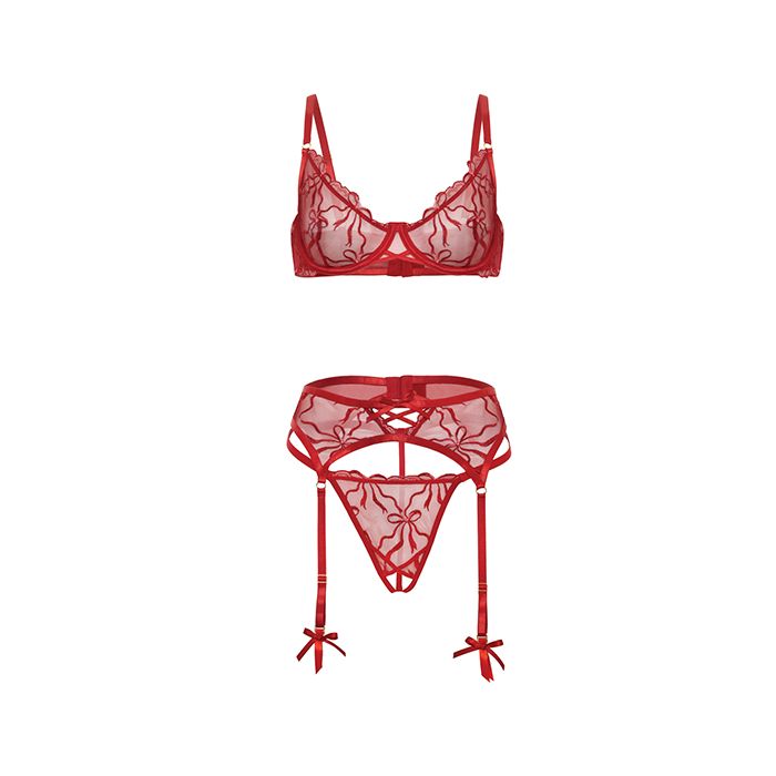 Mariah Embroidered Lace and Mesh Underwire Bra with Garter & G-String 3 pc Set Burgundy