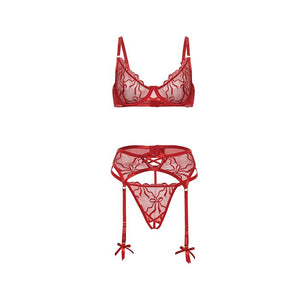 Mariah Embroidered Lace and Mesh Underwire Bra with Garter & G-String 3 pc Set Burgundy