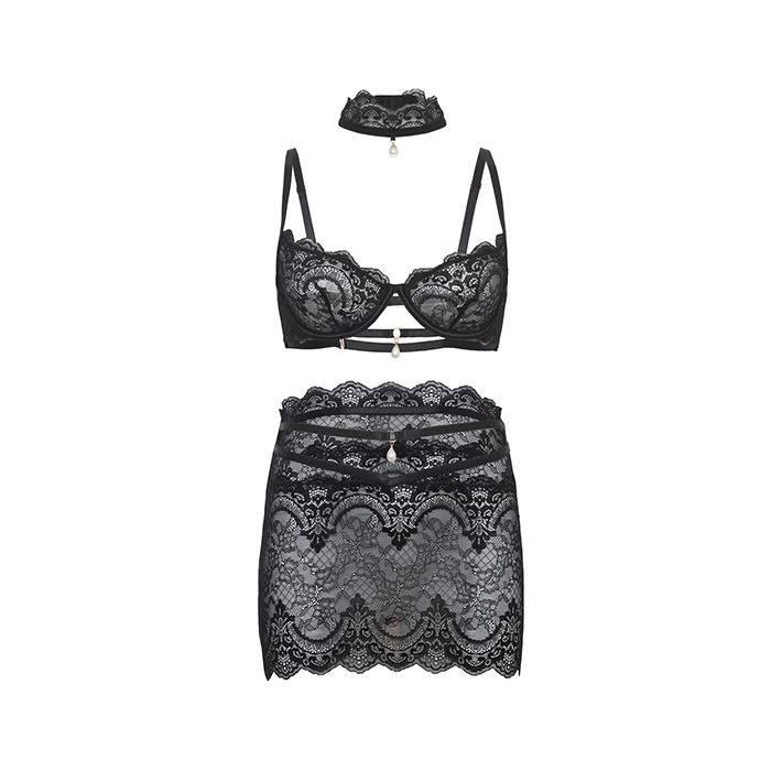 Perla Lace 3 pc Set with Pearl Details Black