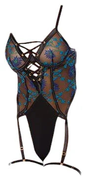 Oh La La Cheri Lola Unlined Underwire Embroidered Teddy with Attached Garter Stays Black