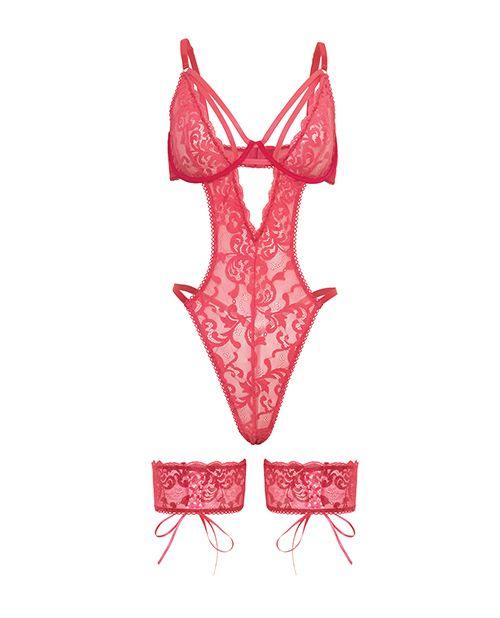 Oh La La Cheri Genesis Lace Underwire Teddy with Lace Garter Stays Raspberry