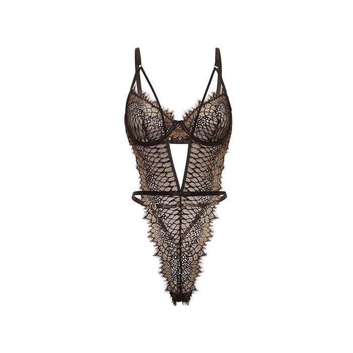 Greta Snake Eyelash Lace Teddy Black/Gold