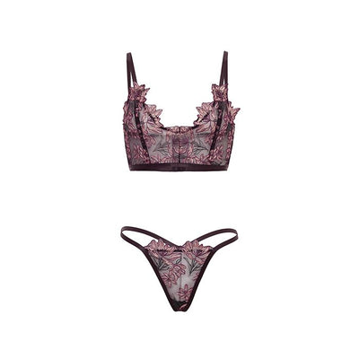 Adela Embroidered Boned Bustier with G-String 2 pc Set Black/Pink