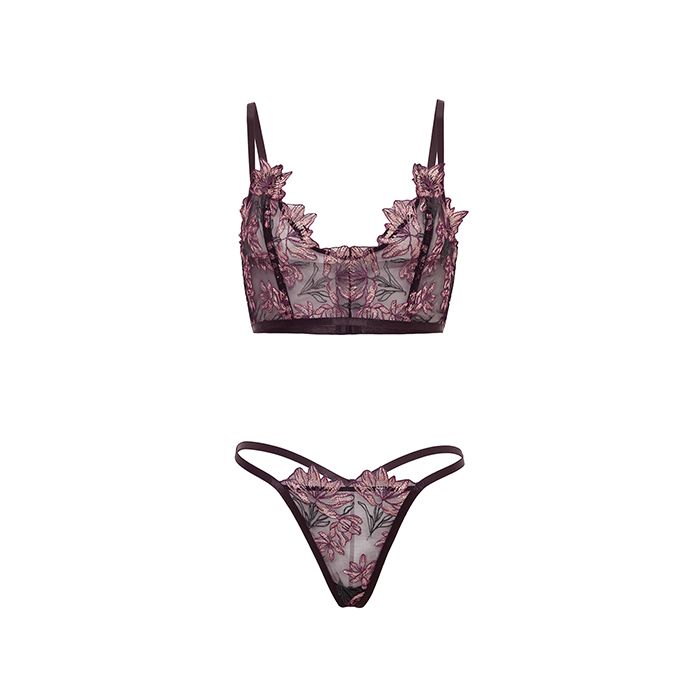 Adela Embroidered Boned Bustier with G-String 2 pc Set Black/Pink