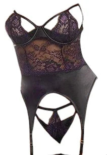Oh La La Cheri Demi Padded Shelf Cup Merrywidow with Overlay Lace & Panty Black Heliotrope