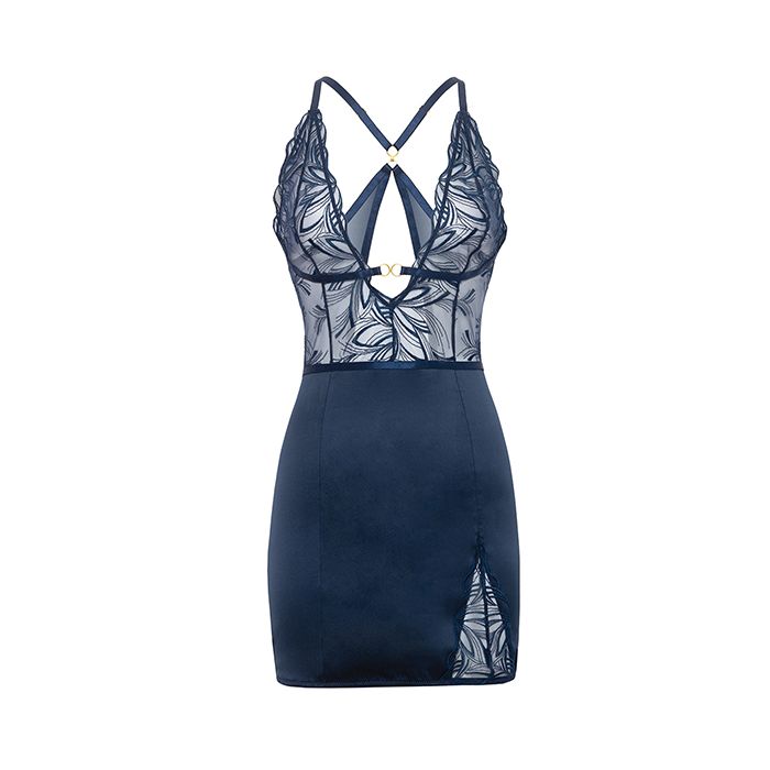 Davina V-Plunge Embroidered Babydoll with Double Ring Charm Navy