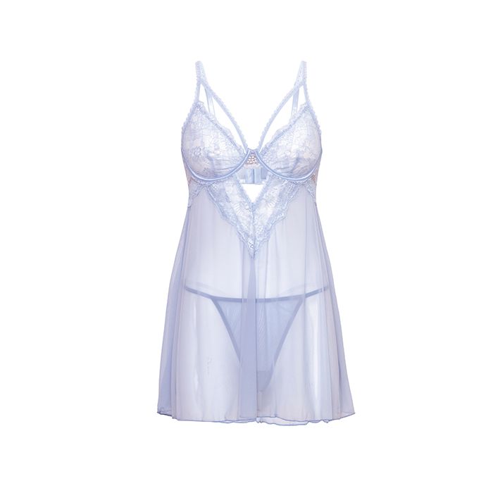 Elsie Lace & Mesh Underwire Babydoll with G-String 2 pc Set Brunnera Blue