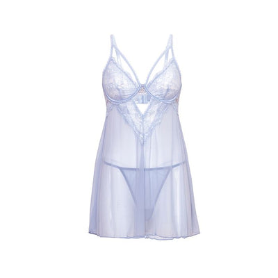 Elsie Lace & Mesh Underwire Babydoll with G-String 2 pc Set Brunnera Blue