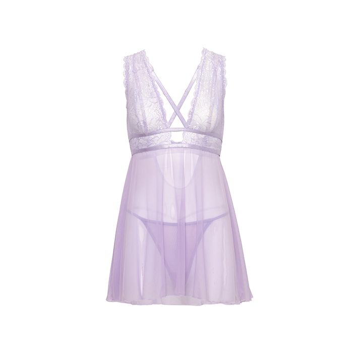 Stassi Lace & Mesh Babydoll with G-String 2 pc Set Lavender