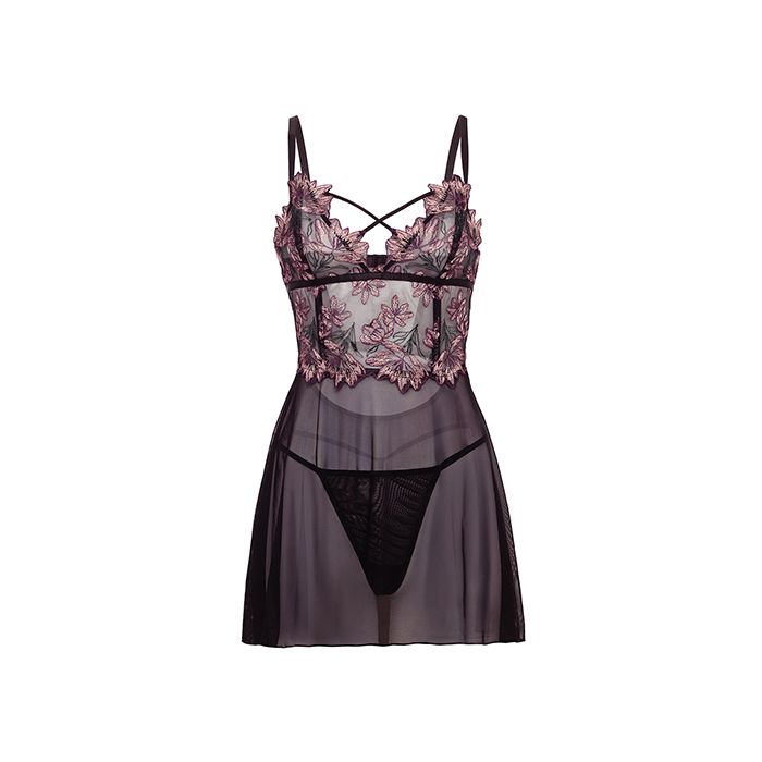 Adela Embroidered Boned Lace and Mesh Babydoll with G-String 2 pc Set Black/Pink