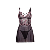 Adela Embroidered Boned Lace and Mesh Babydoll with G-String 2 pc Set Black/Pink