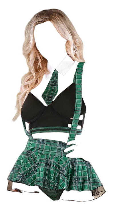 Fantasy Lingerie Slither'N To Your DMs School Girl Bra with Skirt & G-String Costume Green