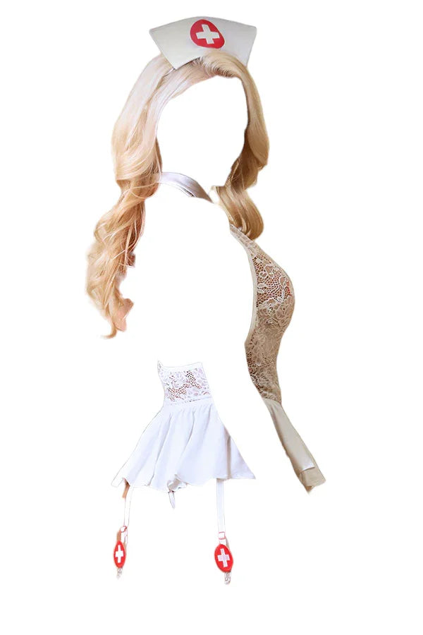 Fantasy Lingerie Love Hurts Nurse Lace Keyhole Teddy with Skirt & G-String Costume White