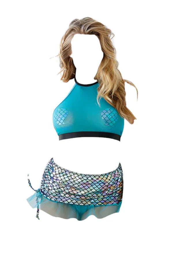 Fantasy Lingerie Play Beach Please Mermaid Costume with Halter Top & Side Tie Skirt Teal