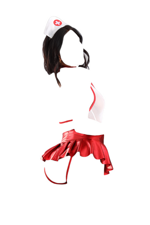 Fantasy Lingerie Nurse Play Pulse Check Teddy with Open Back Pleated Skirt Costume Red/White