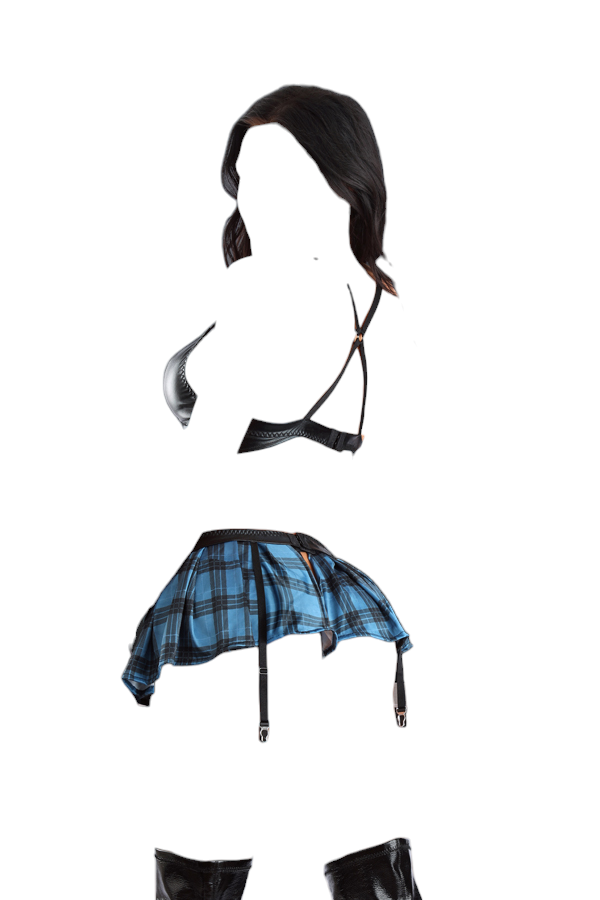 Fantasy Lingerie Play Secret Crush Wetlook Bralette with Plaid Skirt & G-String Costume Black/Blue