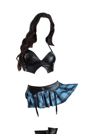 Fantasy Lingerie Play Secret Crush Wetlook Bralette with Plaid Skirt & G-String Costume Black/Blue