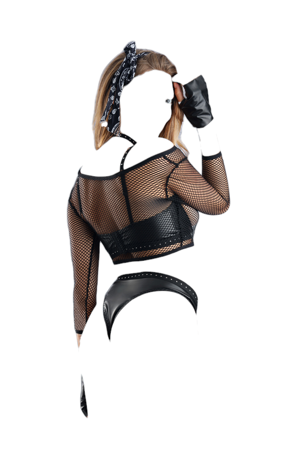 Fantasy Lingerie Play Easy Rider 7 PC Open Cup Bra with Fishnet Top & Wetlook Panty Costume Black