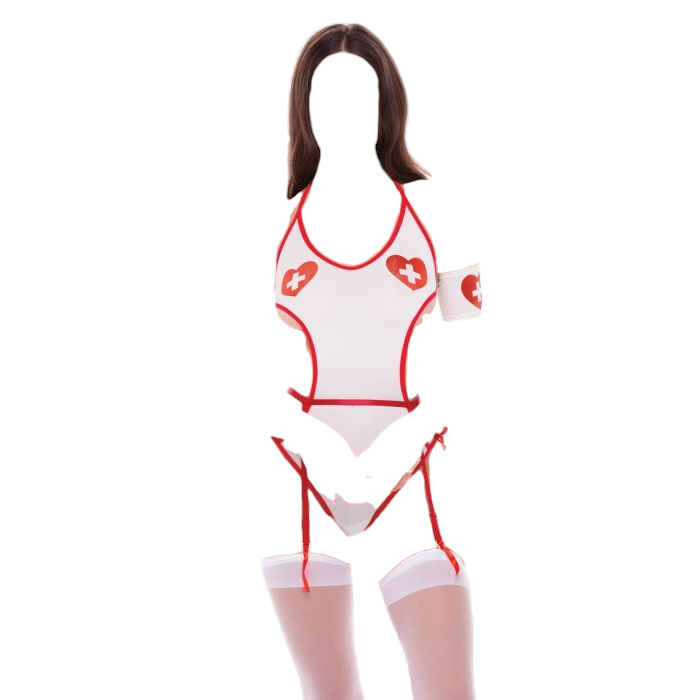 Rene Rofe 3 PC Naughty Nurse G-String Teddy with Garter Costume Set Red/White One Size