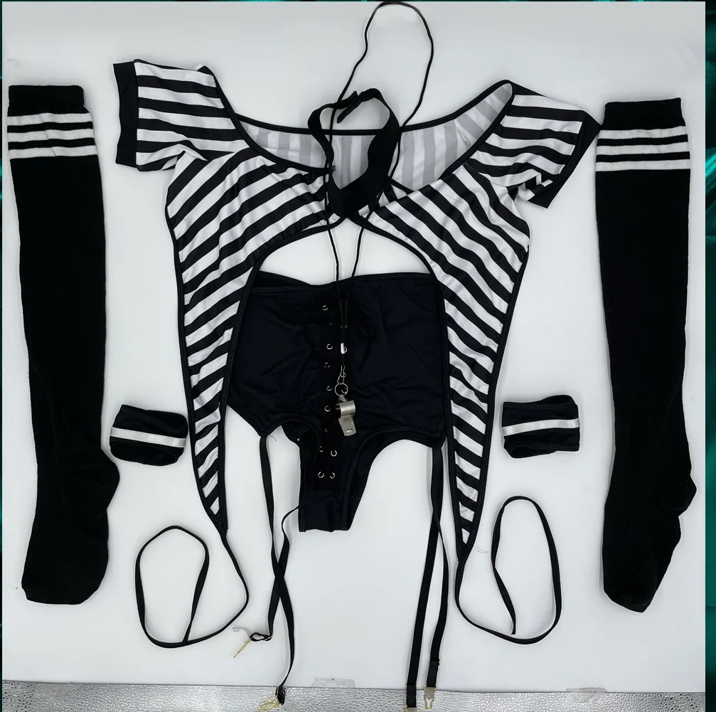 BodyZone Role Play Risque Referee 6 pc Top with Thong & Garter Bottom Costume Set Black/White
