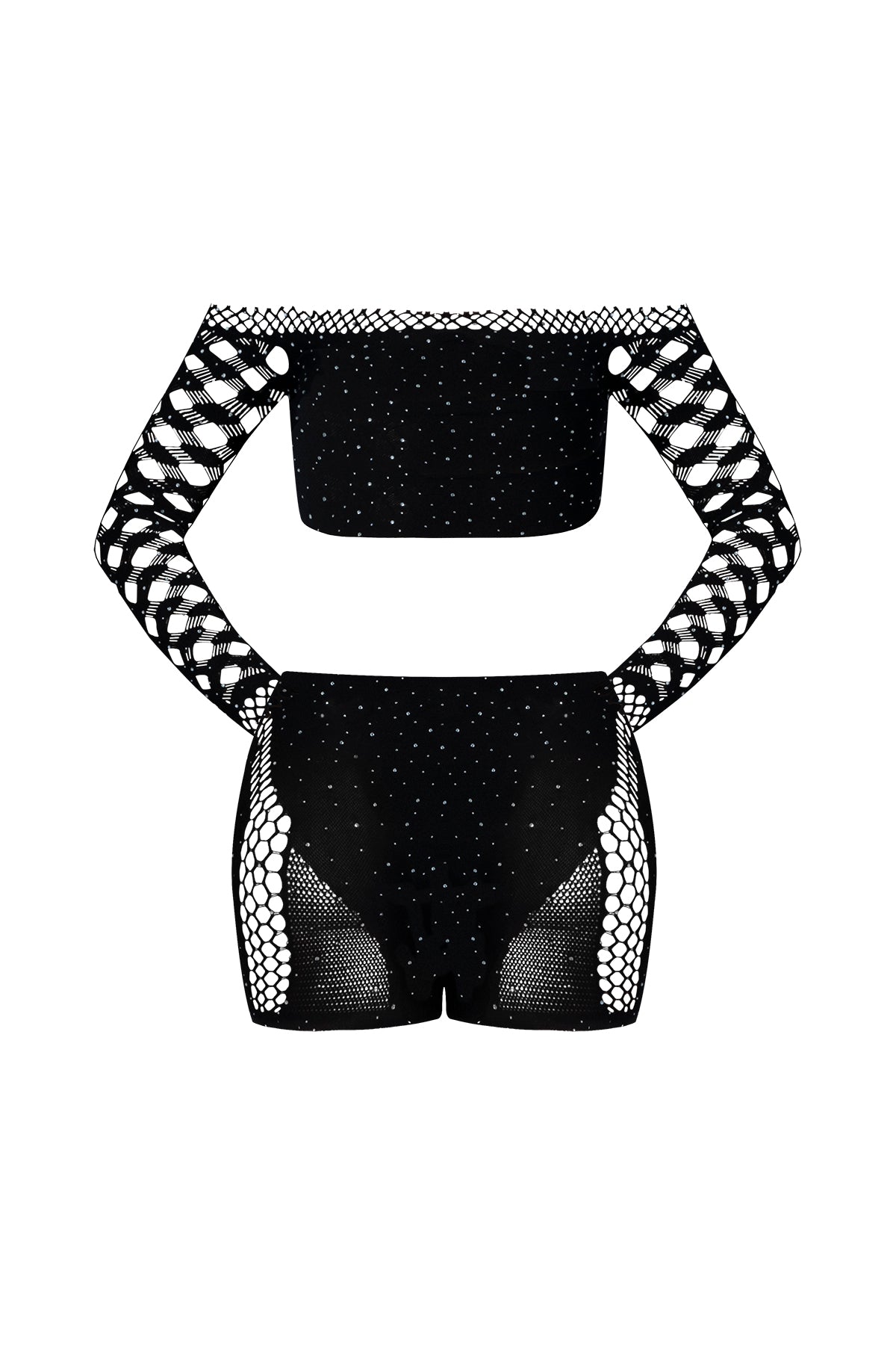 Magic Silk Seamless Crop Top & Short Set with Rhinestones Black One Size