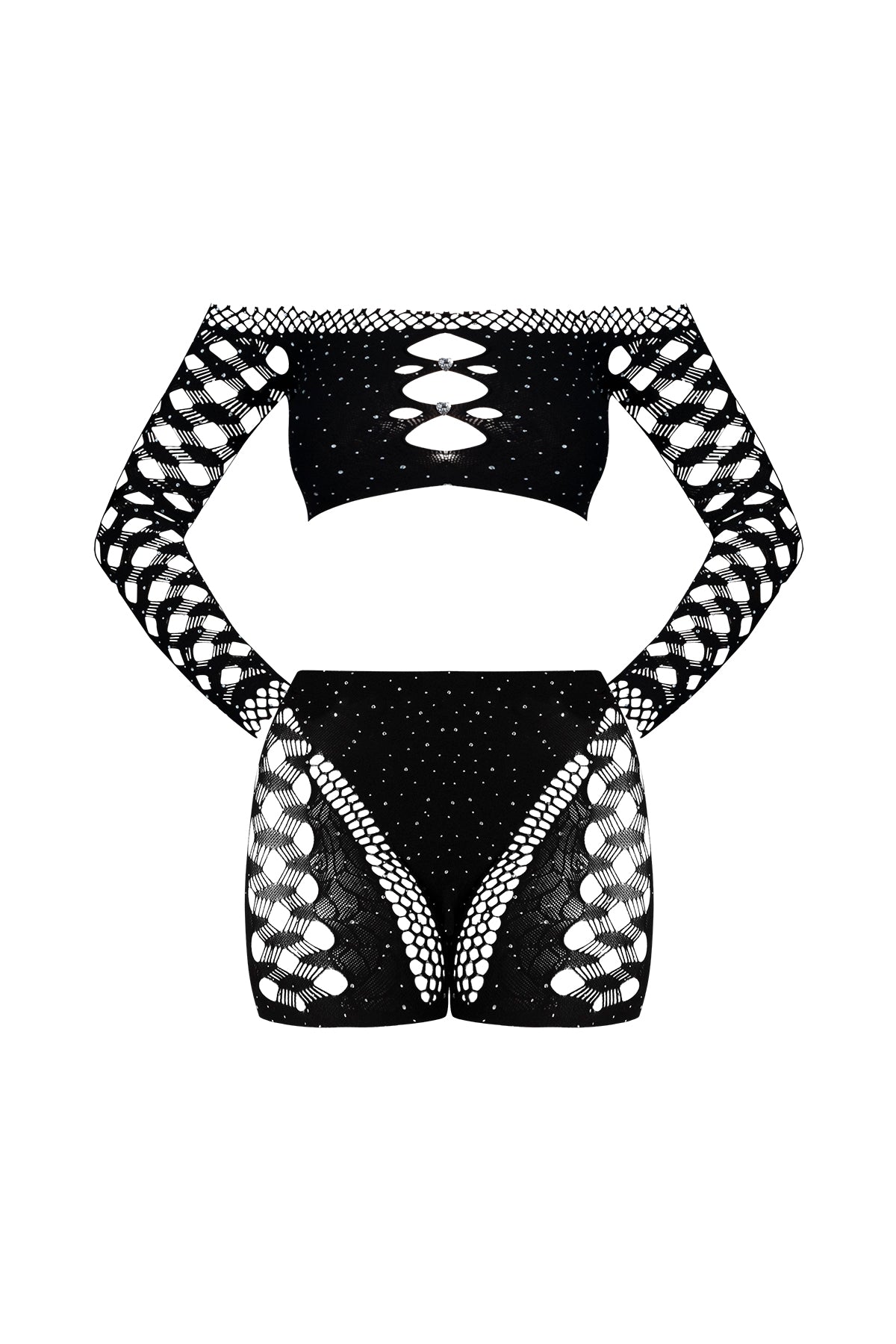 Magic Silk Seamless Crop Top & Short Set with Rhinestones Black One Size