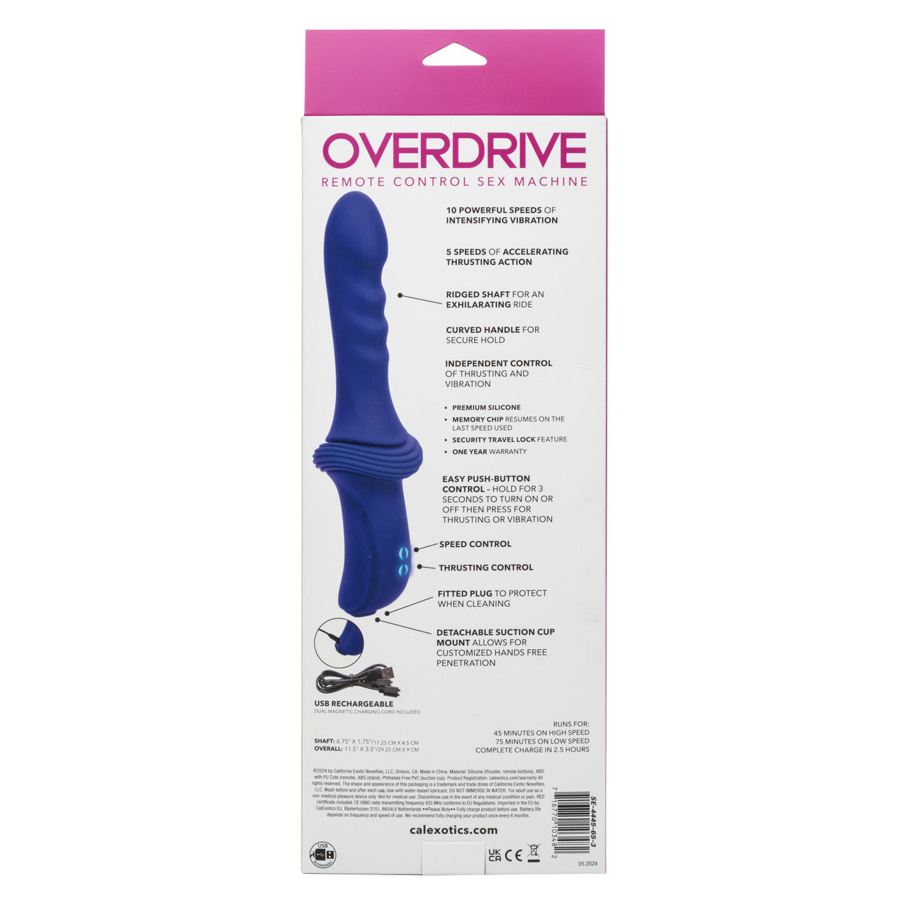 Overdrive Remote Control Rechargeable Silicone 10 Speed 5 Function Sex Machine Ridge Thruster