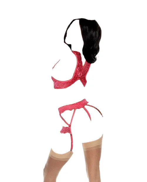 Shirley of Hollywood Lace Underwire Peek a Boo Bra with Garterbelt & G-String Coral