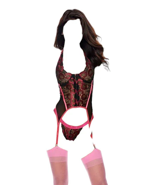 Shirley of Hollywood Lace Underwire Bustier with G-String Black/Hot Pink