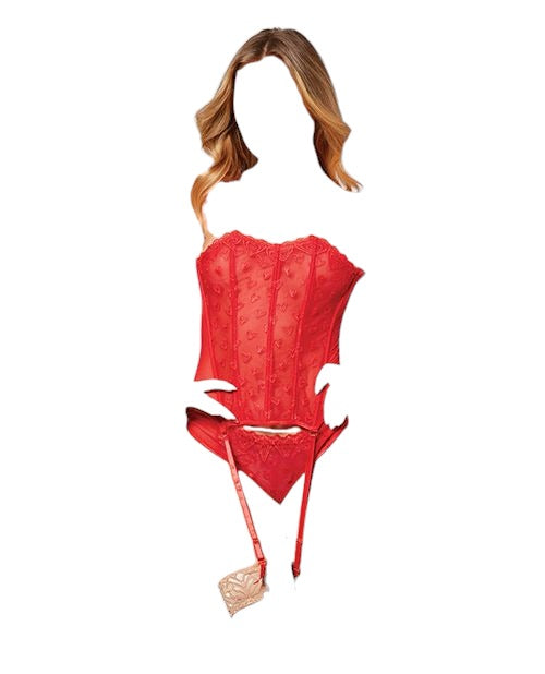Seven Til Midnight Valentines Heart Embroidered Mesh Bustier & Panty Red