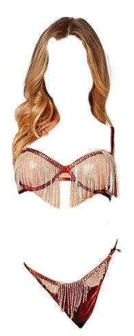 Seven Til Midnight Holiday Rhinestone Bra w/Underwire Open Cup & G-String Wine