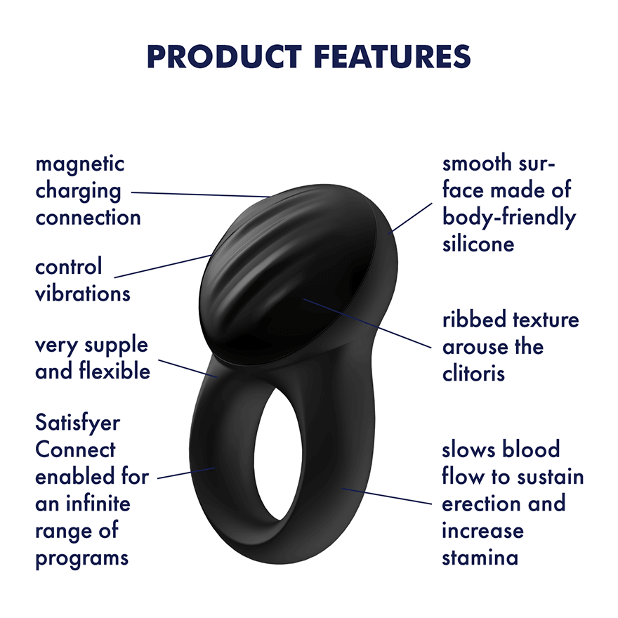Satisfyer Signet Ring Rechargeable App Enabled Couple's Grooved Vibrating Penis Ring Black