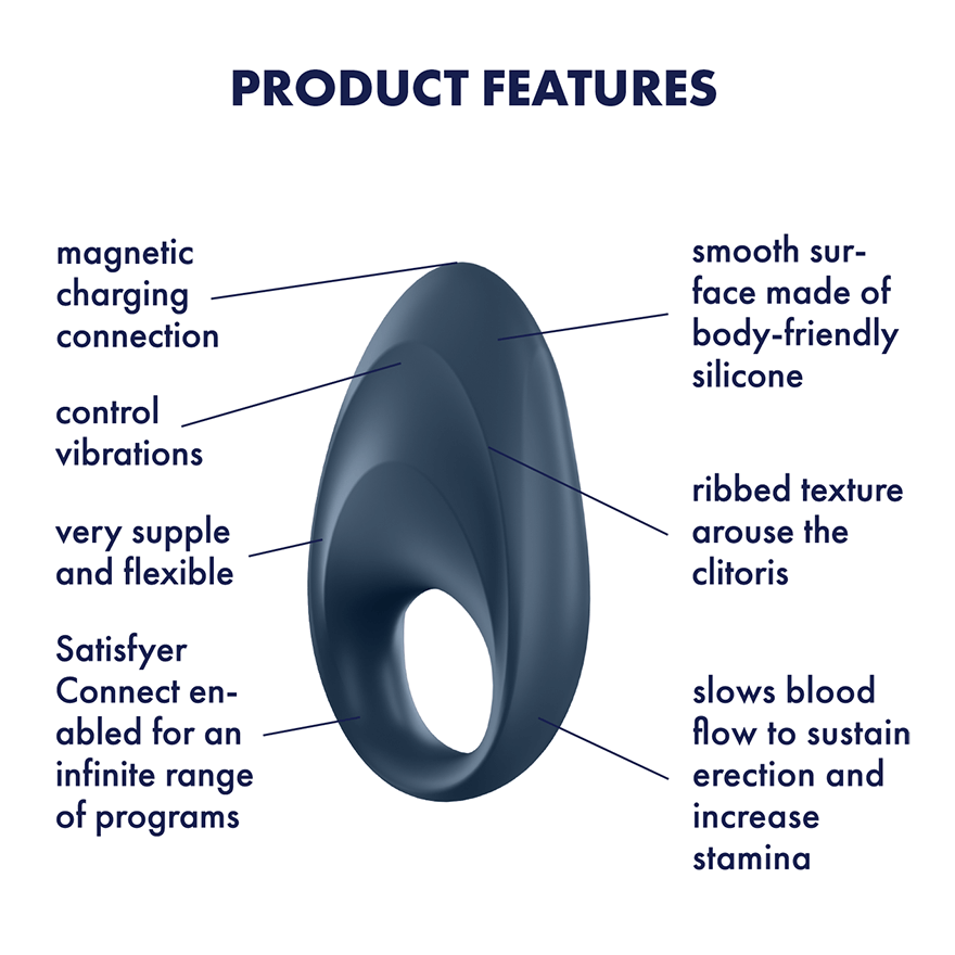 Satisfyer Mighty One Rechargeable Silicone Couple's 10 Function Vibrating Penis Ring Blue