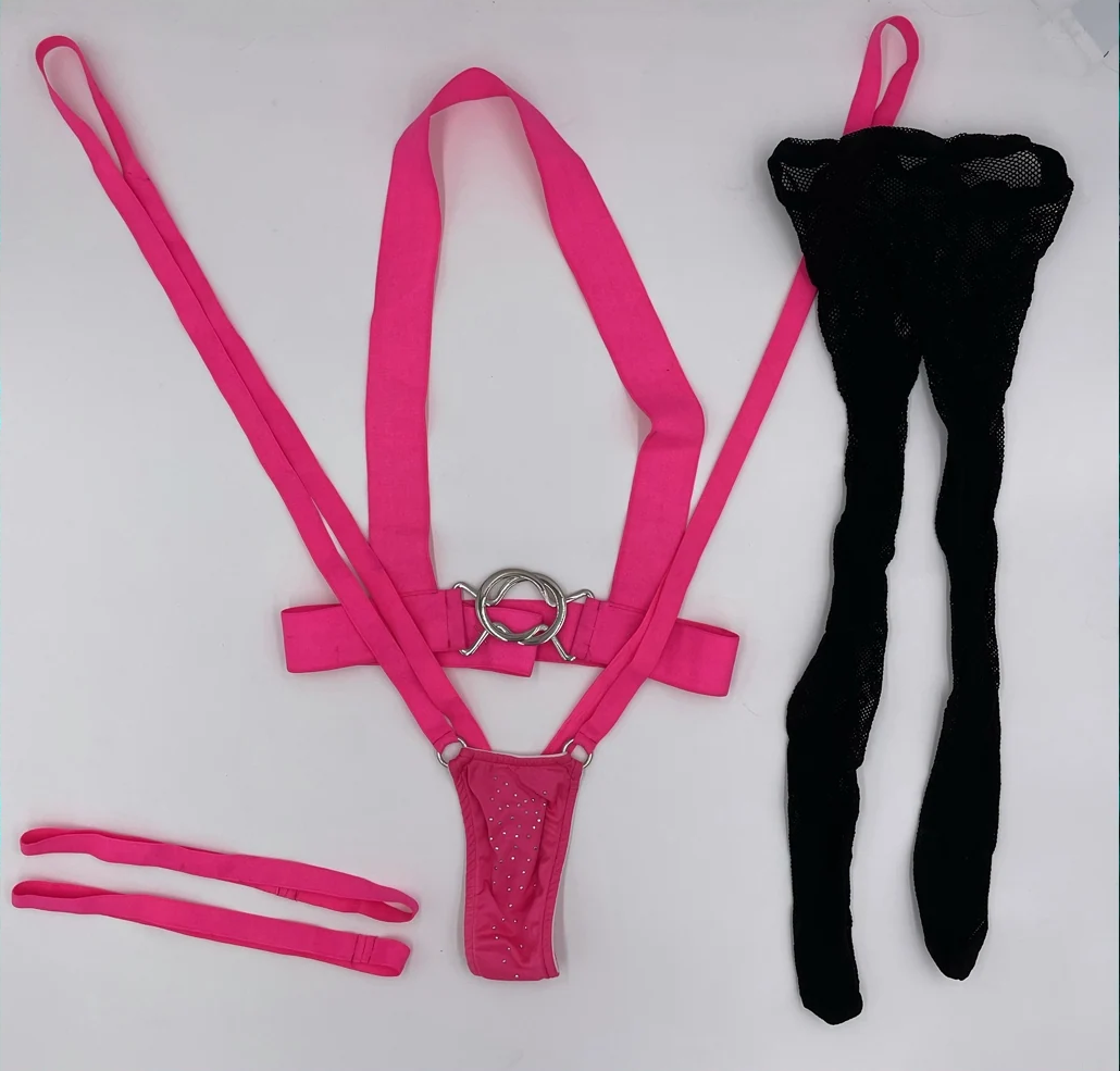 BodyZone Role Play Striptease Seductress 4 pc Top with Thong & Fishnets Costume Set Hot Pink