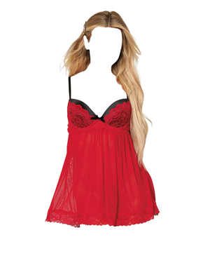 Dreamgirl Stretch Mesh and Lace Babydoll With Underwire Push-Up Cups and G-String Ruby Red
