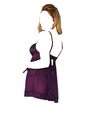 Dreamgirl Stretch Mesh and Lace Babydoll With Underwire Push-Up Cups and G-String Plum
