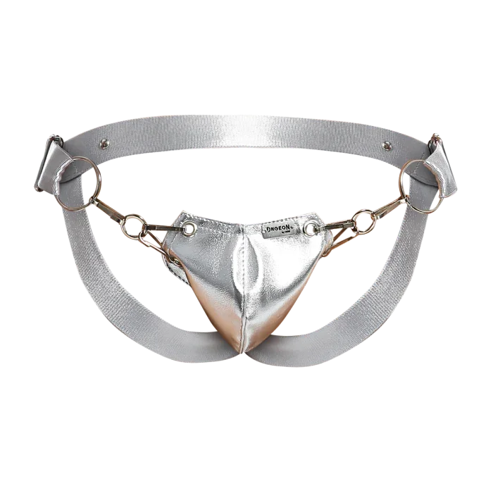 Male Basics Dngeon Snap Ring Mounted Penis Cup Jockstrap Silver Mirror One Size