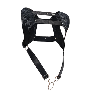 Male Basics Dngeon Leather Crop Top Harness w Penis Ring Black Camo One Size