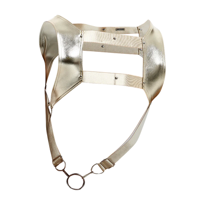 Male Basics Dngeon Leather Crop Top Harness w Penis Ring Golden Mirror One Size