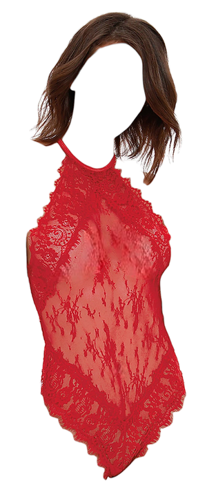 Dreamgirl Eyelash Lace Halter Teddy With High Tie-Neck Closure & Snap Crotch Red