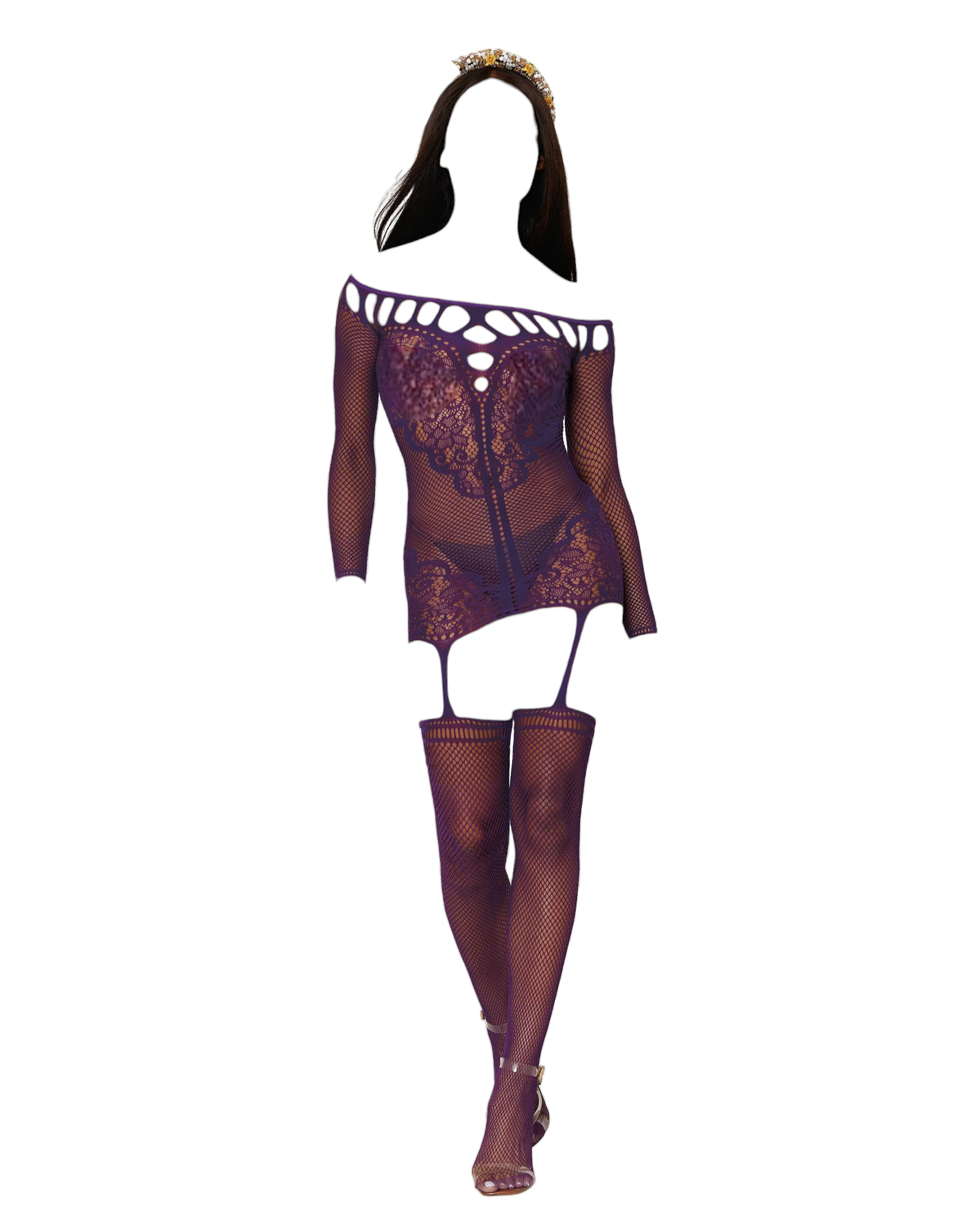 Dreamgirl Fishnet Lace Garter Dress With Attached Stockings Aubergine One Size