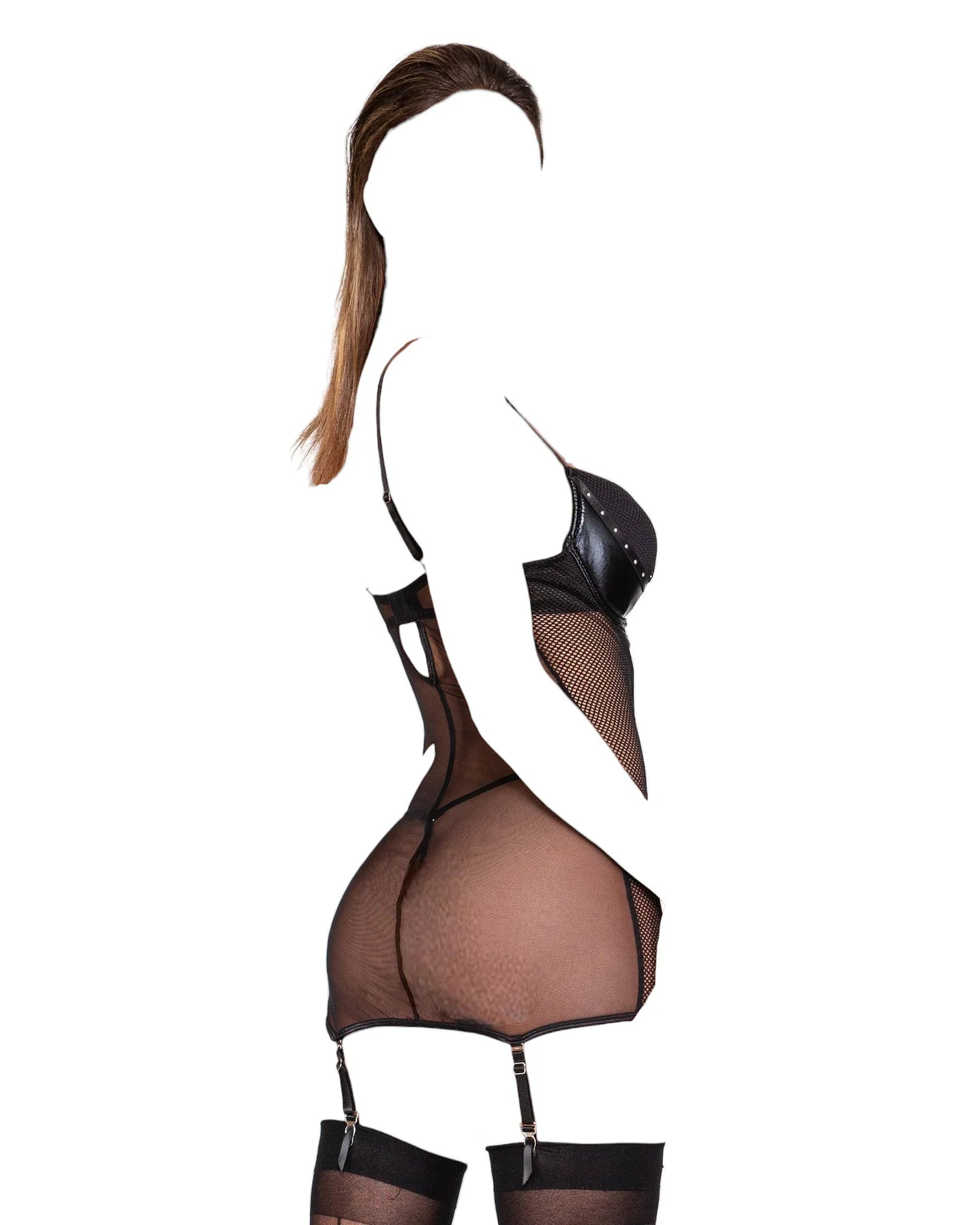 Dreamgirl Fishnet & Faux-Leather Garter Slip Set with Lace-Up Front & Matching G-String Black