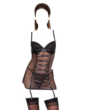 Dreamgirl Fishnet & Faux-Leather Garter Slip Set with Lace-Up Front & Matching G-String Black