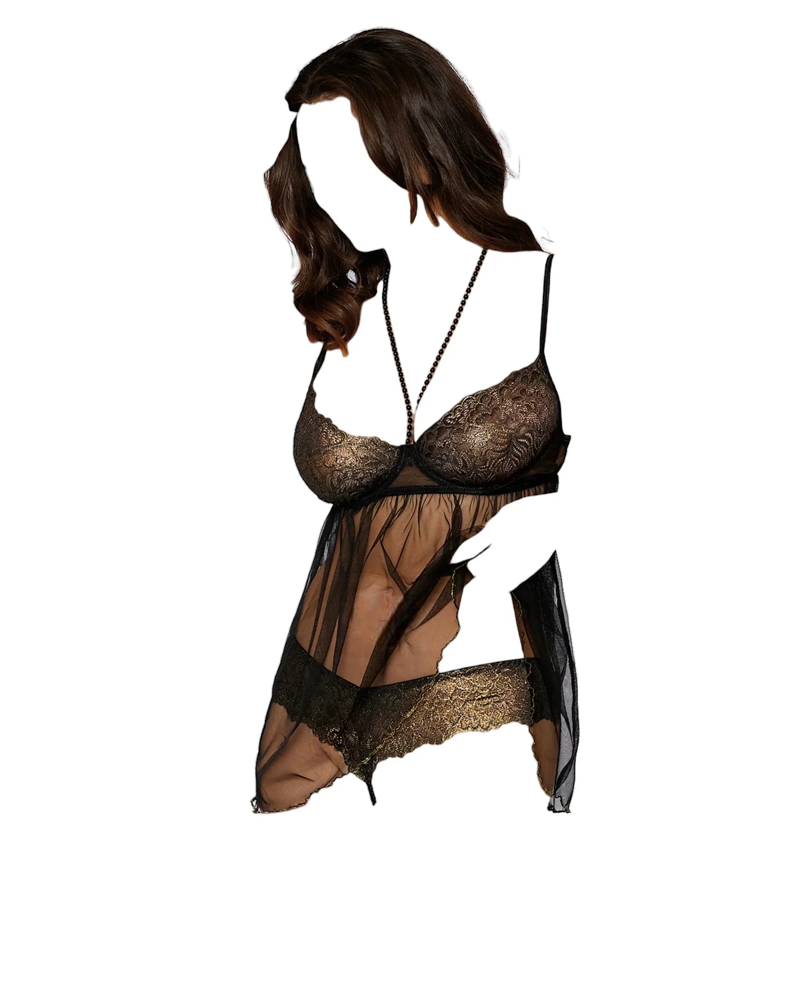 Dreamgirl Gold Foiled Stretch Lace and Mesh Babydoll Set with Detachable Restraints Black