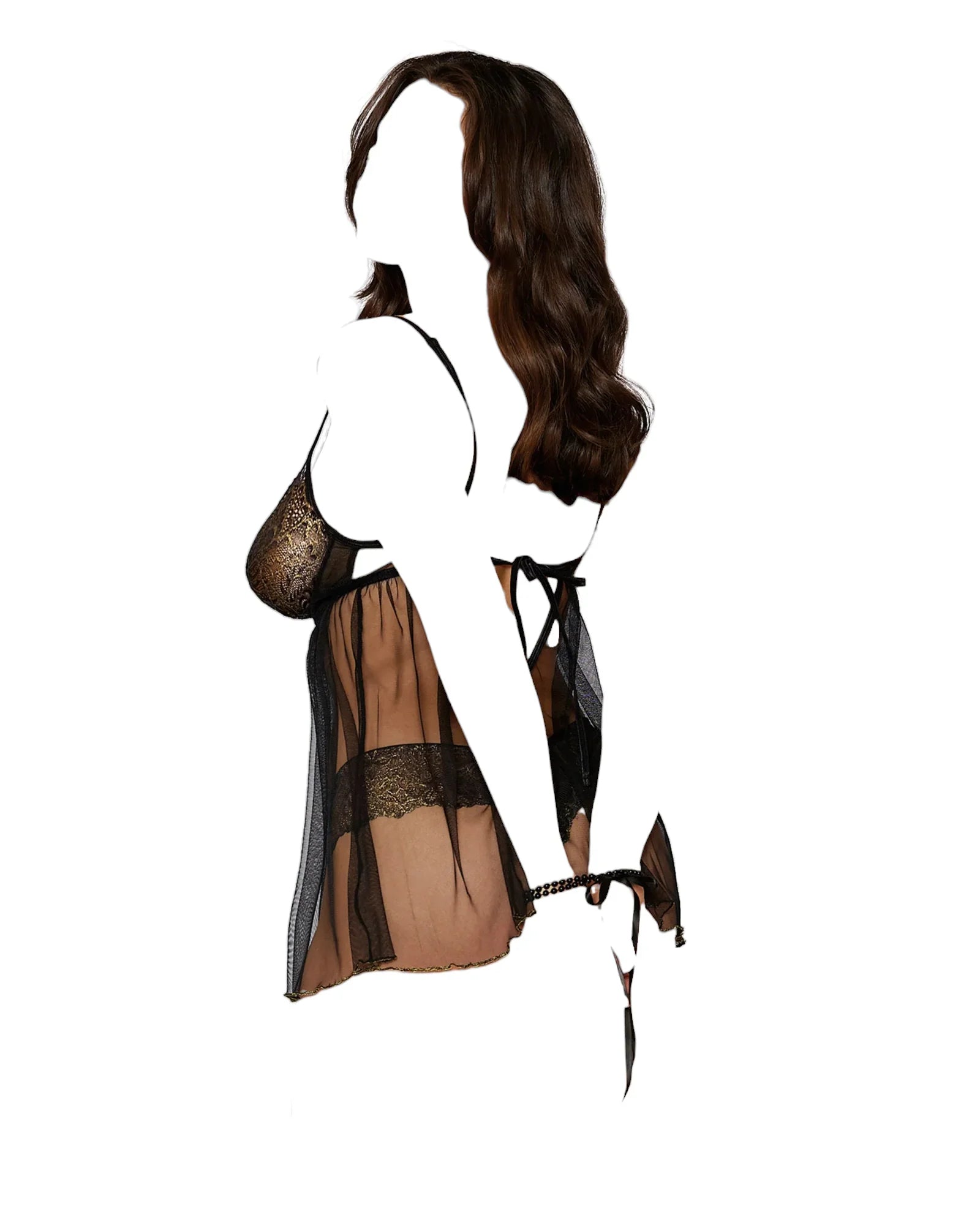 Dreamgirl Gold Foiled Stretch Lace and Mesh Babydoll Set with Detachable Restraints Black