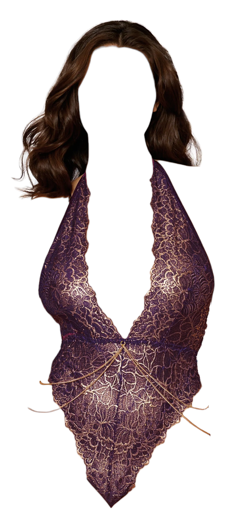 Dreamgirl Gold Foiled Stretch Lace Halter Teddy with Gold Colored Chain Detail Aubergine One Size