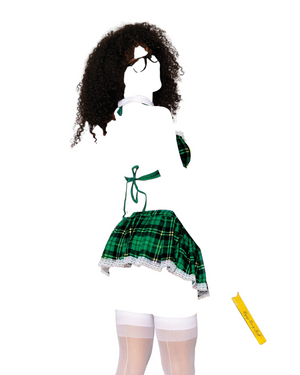Dreamgirl Schoolgirl Halter Bra with Pleated Mini Skirt Bedroom Costume Green Plaid