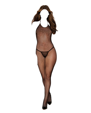 Dreamgirl Seamless Fishnet Bodystocking with Open crotch and Low Back Black One Size